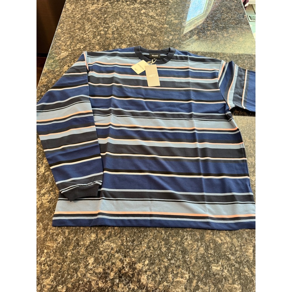 Beams Multi Border Crew Neck Shirt Navy Striped Long Sleeve Tee